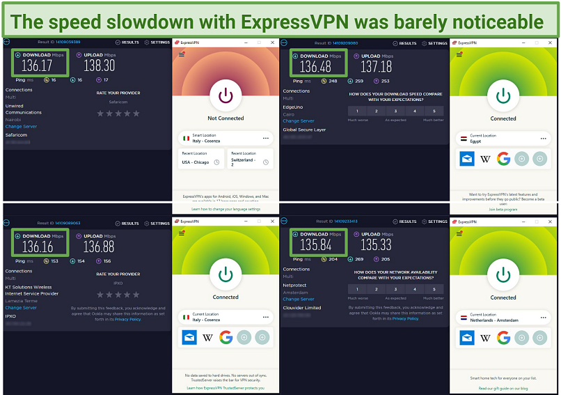 Снимок скриншота результатов теста скорости с и без ExpressVPN