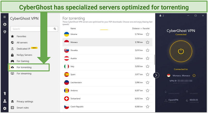Screenshot of CyberGhost's interface showing its torrenting-optimized servers