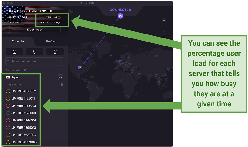 Proton VPN's free Mac app version showing the main screen with the server load percentage of its free Japan servers