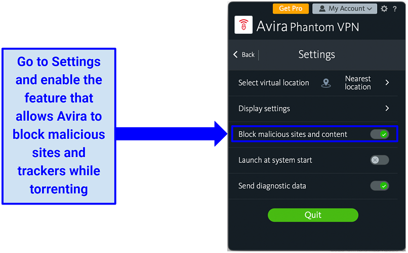 צילום מסך של גרסת ה- MAC החינמית של אפליקציית VPN של Avira Phantom המציגה כיצד לאפשר את חוסם האתר הזדוני בהגדרות