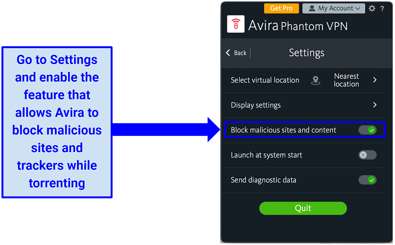 Скриншот бесплатной версии MAC приложения Avira Phantom VPN, показывающая, как включить блокировщик злоумышленников в настройках