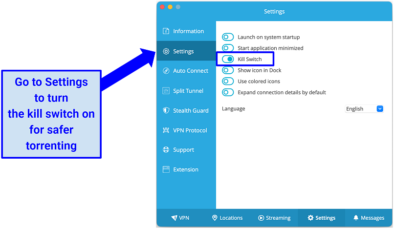 A screenshot of hide.me's free Mac app showing how to turn its kill switch feature on