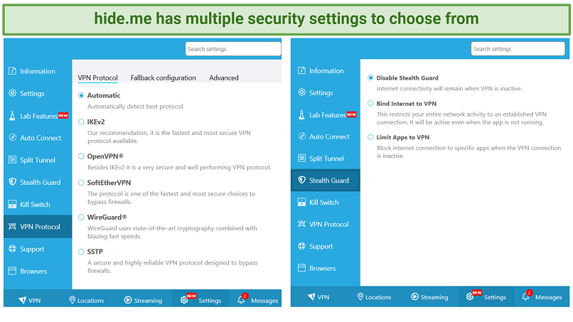 Screenshot showing hideme's security protocols.