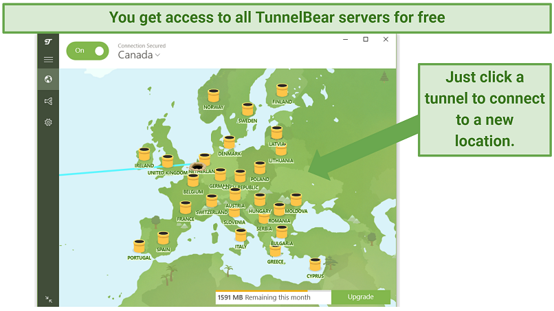 Screenshot of TunnelBear server locations