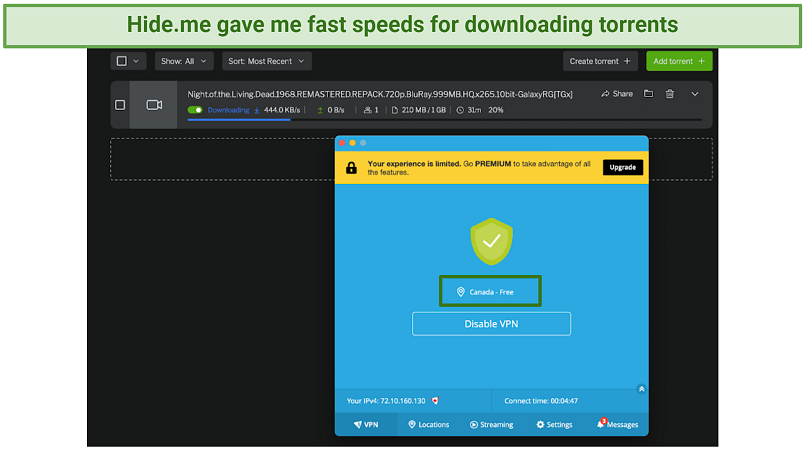 Downloading Night of the Living Dead from uTorrent while using hideme's Canada server