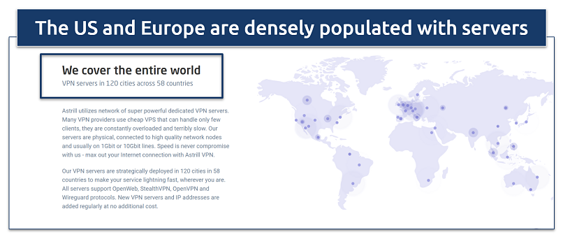 Screenshot of a map showing Astrill VPN's server locations