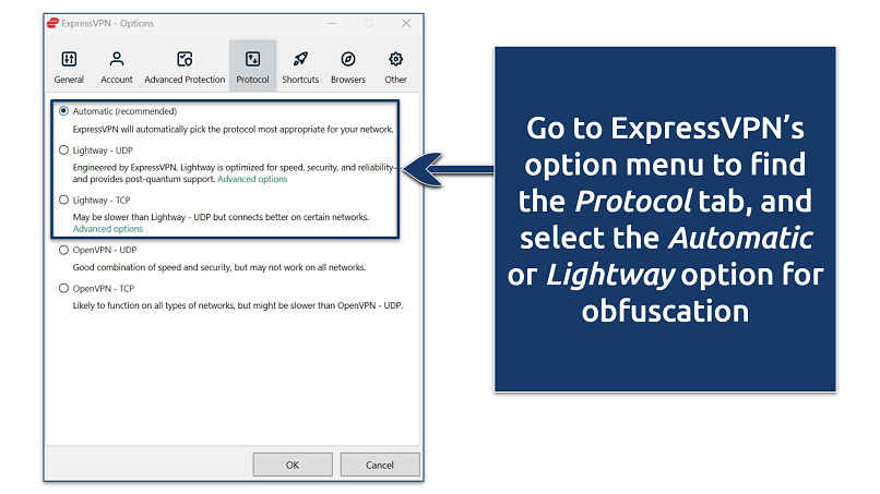 Screenshot of ExpressVPN's protocol options