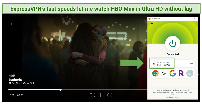 Watching Euphoria on HBO Max with ExpressVPN connected to USA - New York
