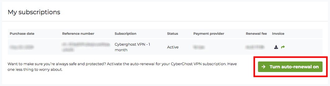 Image: CyberGhost Turn on auto renewal button refreshed