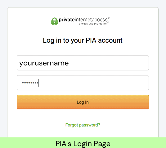 Private Internet Access's log in page
