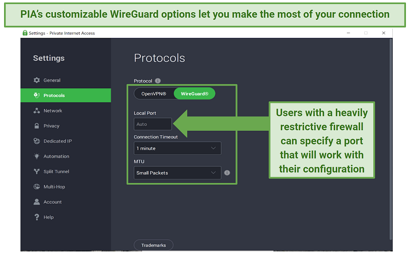 Screenshot of PIA's customizable features using WireGuard protocol.
