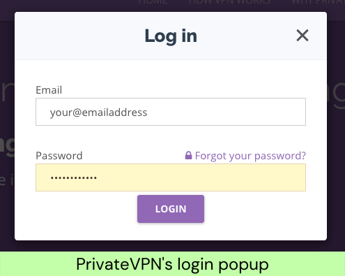 PrivateVPN's login popup