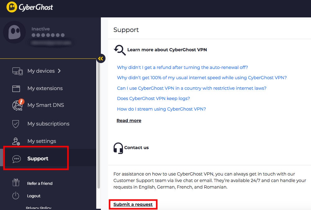 Image: CyberGhost Email refund request