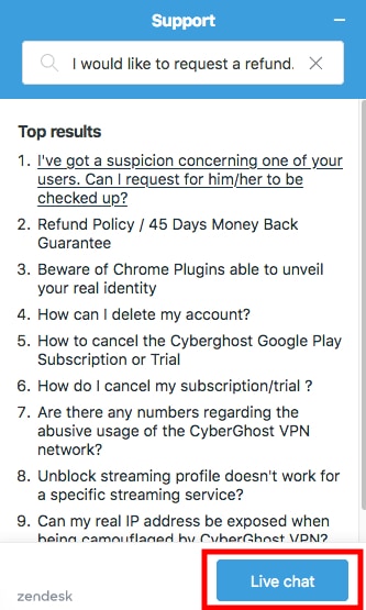 Image: CyberGhost Live chat options on CyberGhost
