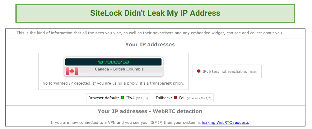 A screenshot that displays the results of an IP leak test performed on SiteLock VPN.