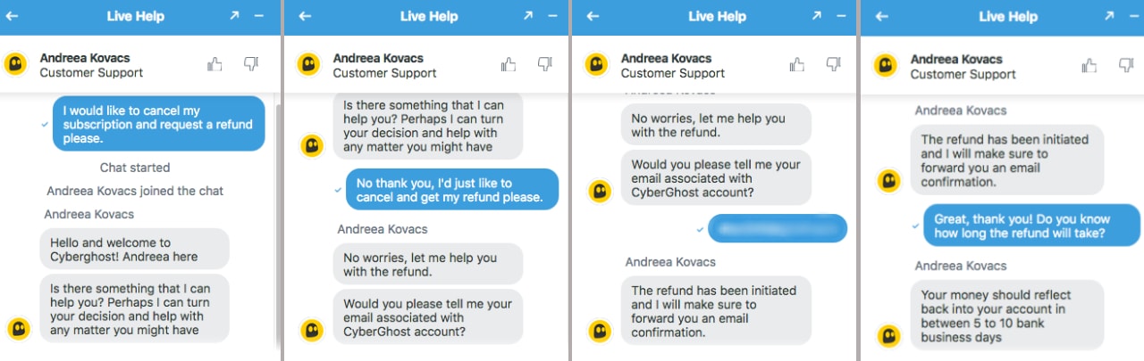 Image: CyberGhost Live chat refund process