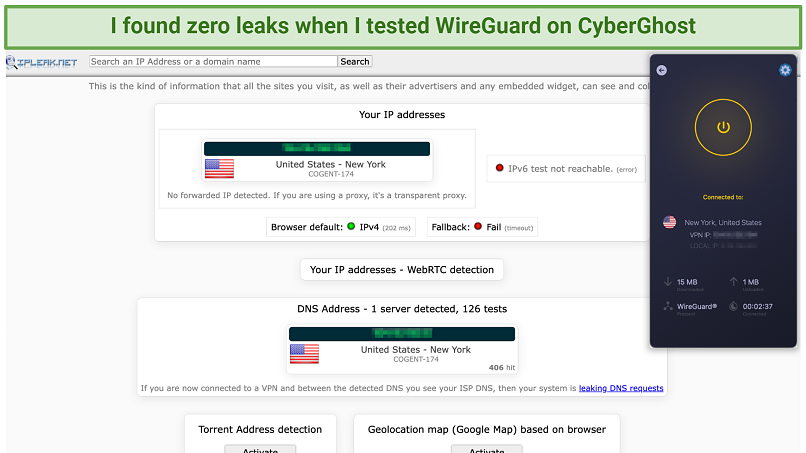 Screenshot showing the CyberGhost app connected to a server in New York over an online leak test showing no leaks