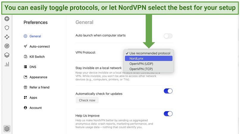 Screenshot showing how to toggle protocols in NordVPN's Settings panel