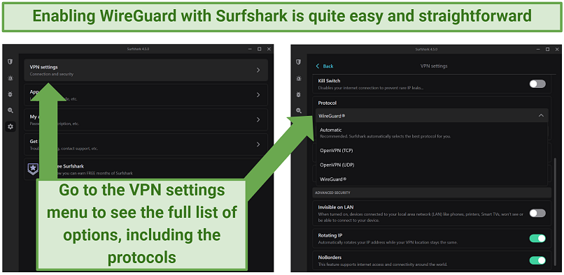 Screenshots of Surfshark's Windows app showing the VPN settings and the protocol options