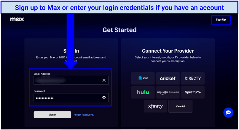 Screenshot of the HBO Max sign in page