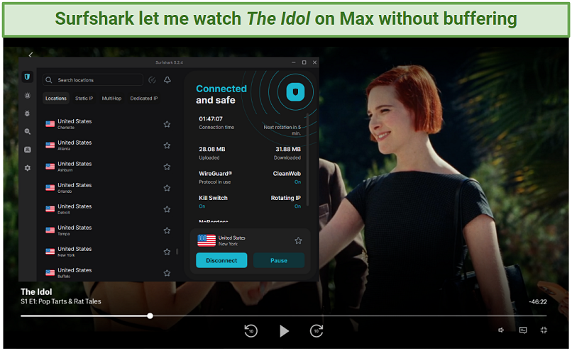 Watching Max with Surfshark's US server