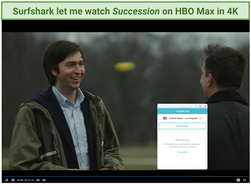 Screenshot of Succession streaming in 4K on HBO Max using Surfshark