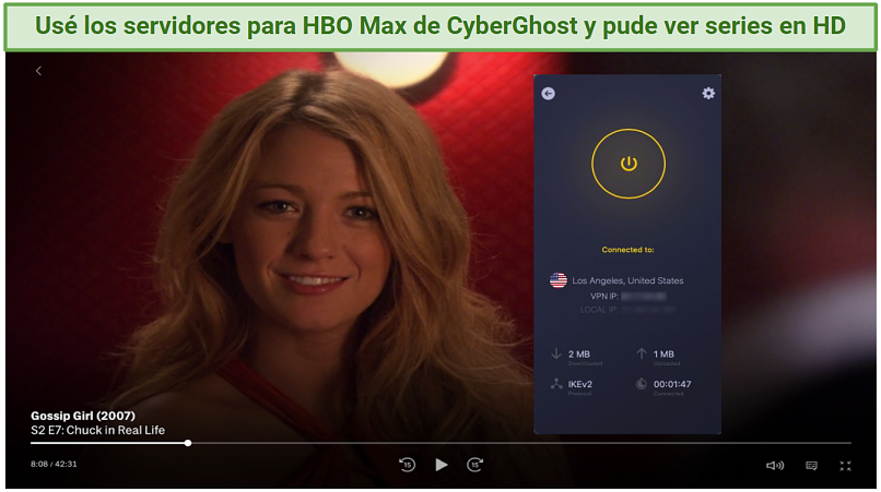Screenshot showing CyberGhost unblocking HBO Max