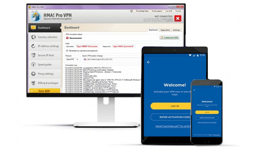 Small assortment of technological devices compatible with HideMyAss VPN.