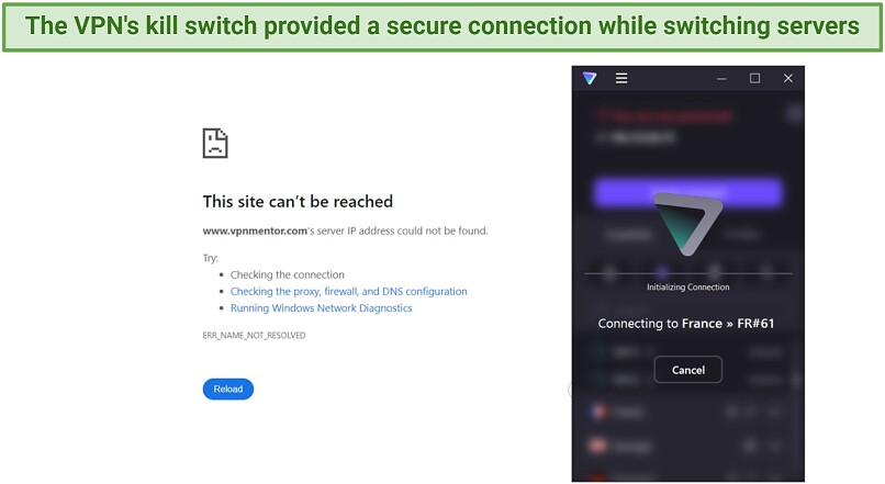 A screenshot showing Proton VPN's kill switch cuts the internet connection when switching servers