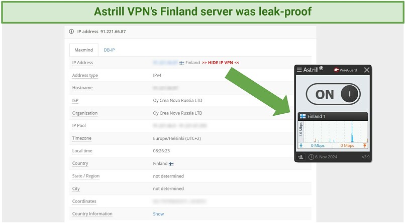 A screenshot showing Astrill VPN passed IP/DNS leak tests