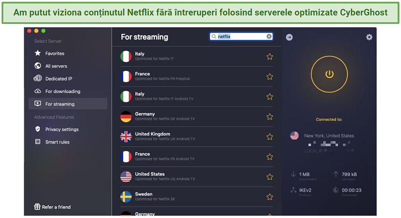 Screenshot of CyberGhost's streaming-optimized servers
