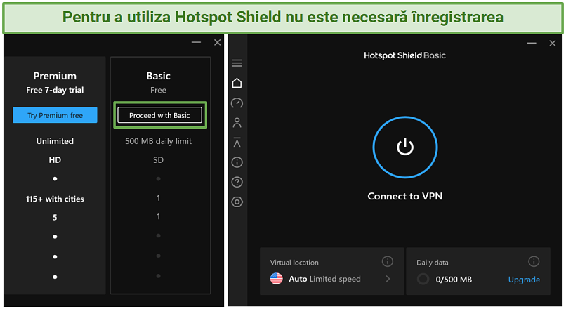 Screenshot of Hotspot Shield app screens where you choose a subscription plan and the app fully installed