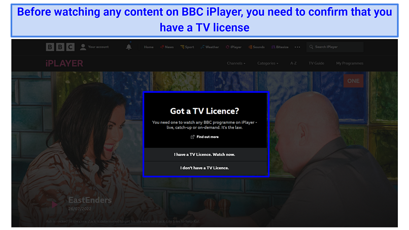 A screenshot of a pop-up window asking if you have a TV license that shows up on BBC iPlayer before you stream content