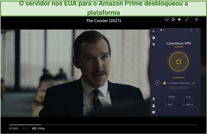 Screenshot of Amazon Prime Video player streaming The Courier while connected to CyberGhost