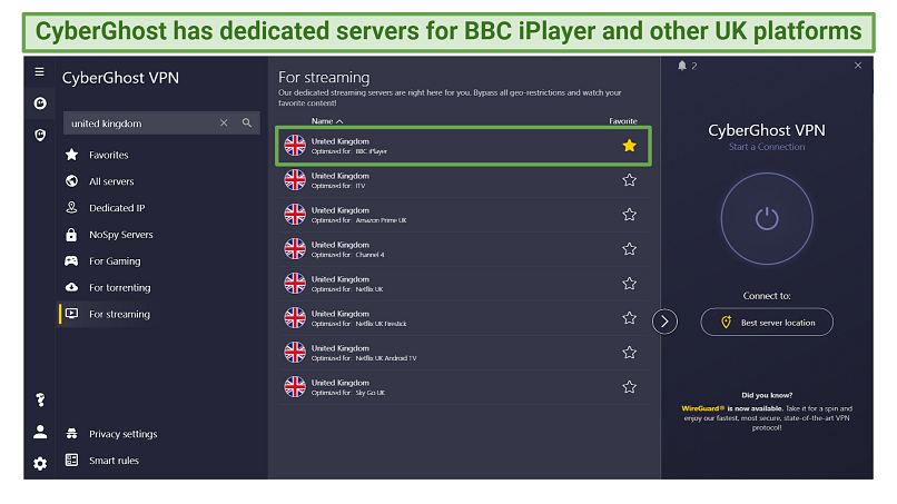 A screenshot of CyberGhost's app showing streaming optimized servers for BBC iPlayer and other UK platforms