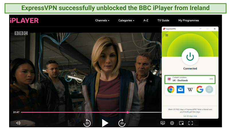 A screenshot of ExpressVPN's Docklands server unblocking Doctor Who on BBC iPlayer
