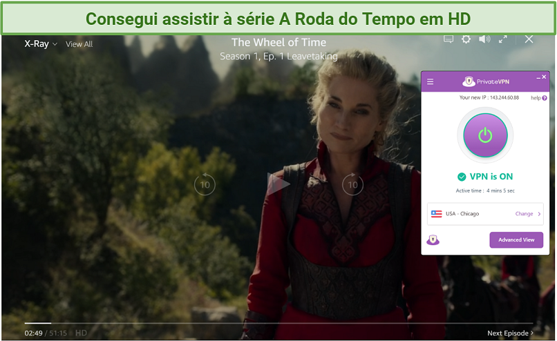 Screenshot of Amazon Prime Video player streaming The Wheel of Time while connected to PrivateVPN