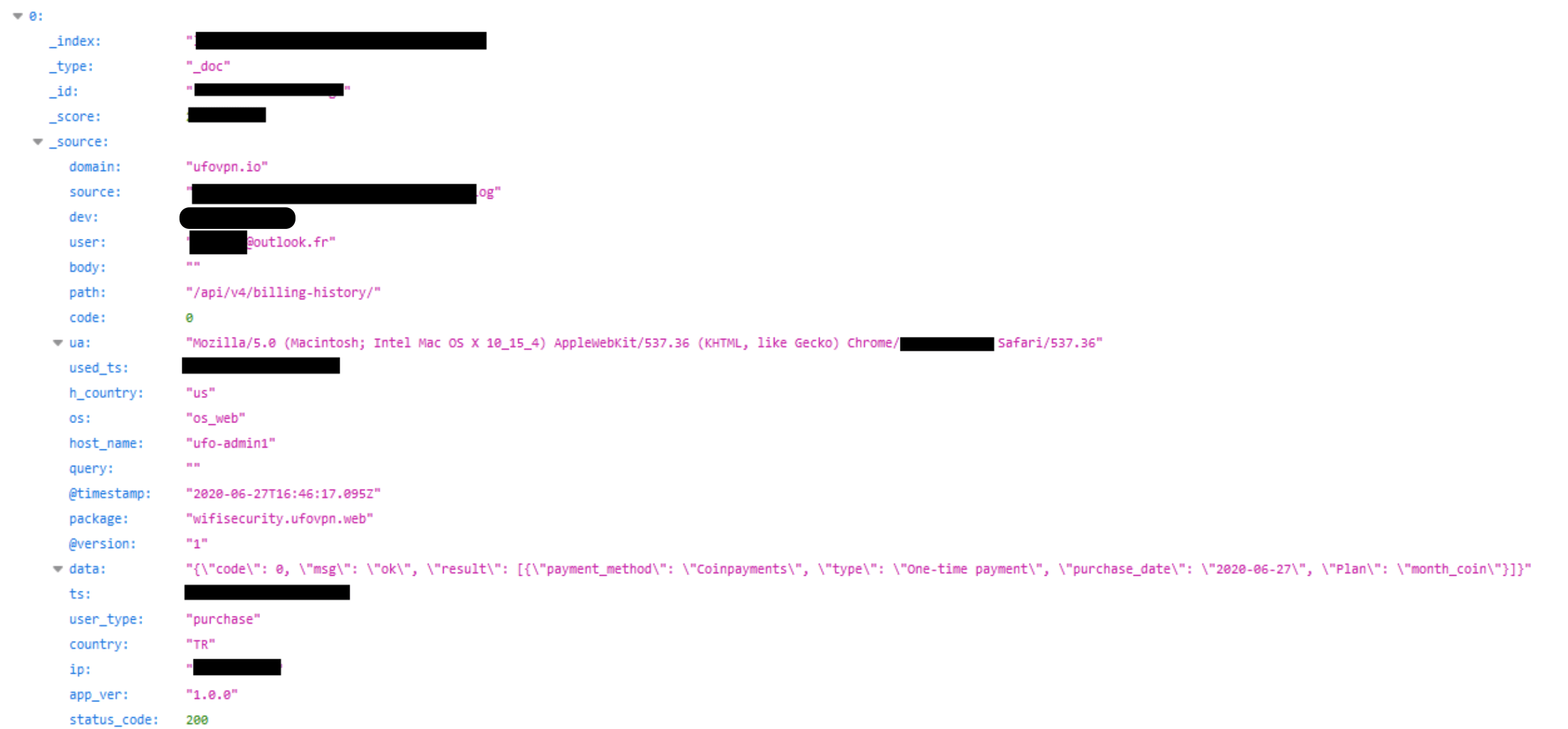 Screenshot of payment logs visible in VPN data breach