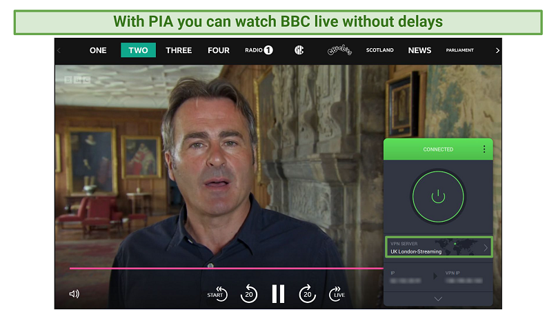 A screenshot of PIA's UK London-Streaming server unblocking a live stream of BBC Two on BBC iPlayer
