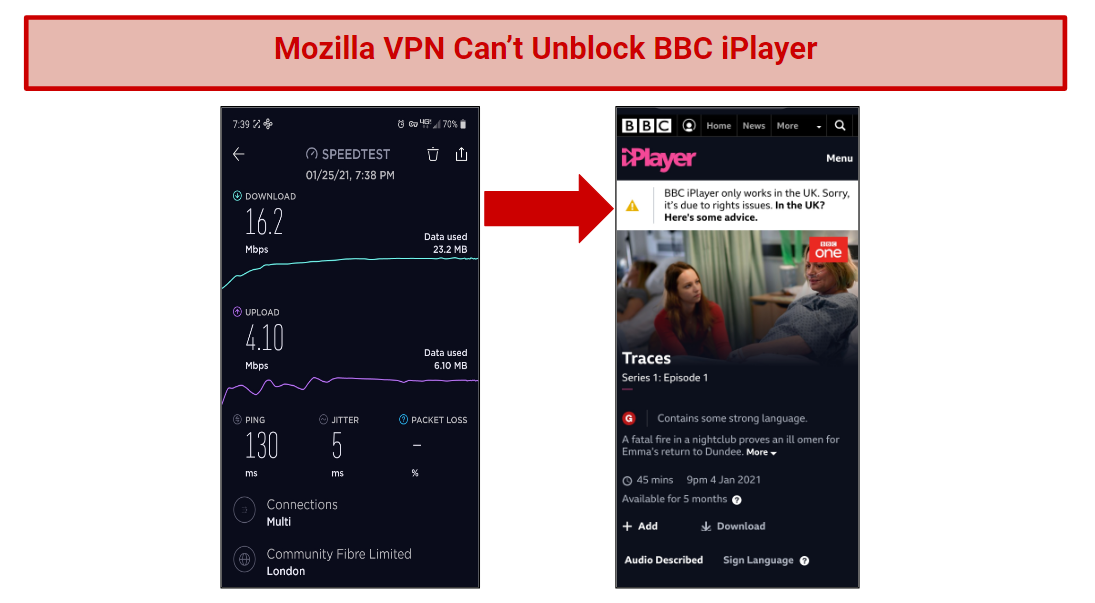A screenshot of BBC iPlayer geoblocked, next to a speed test for Mozilla VPN London.