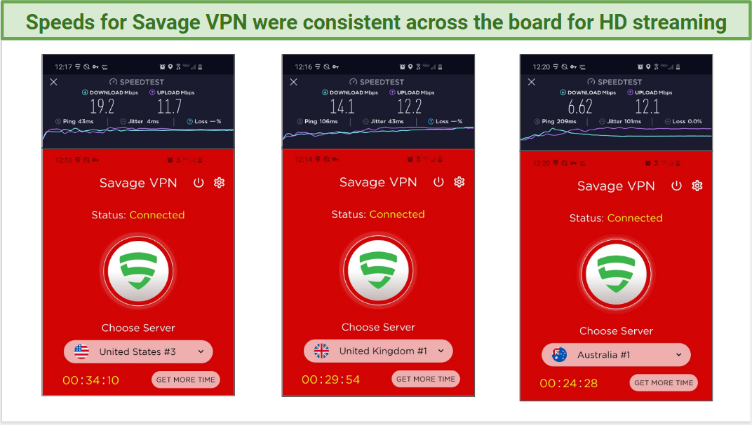 Speed test results for Savage VPN