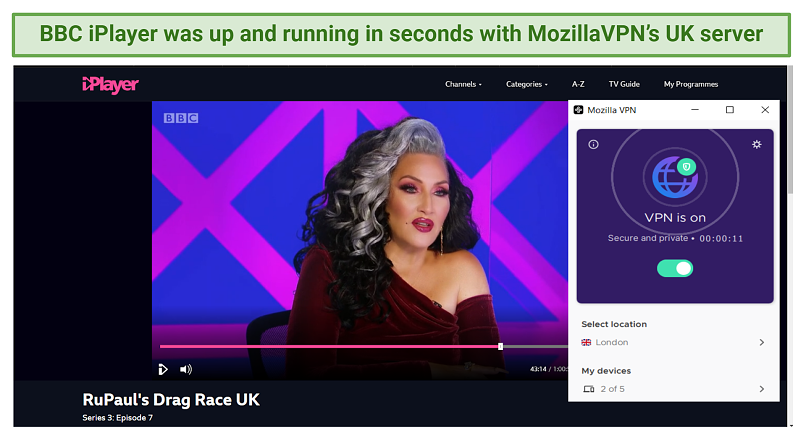 Graphic showing BBC iPlayer playing with MozillaVPN's UK server