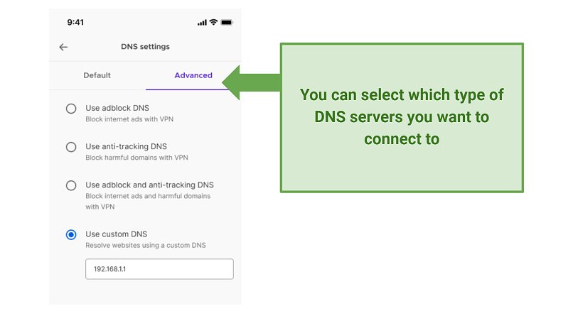 Graphic showing DNS options in MozillaVPN's advanced settings