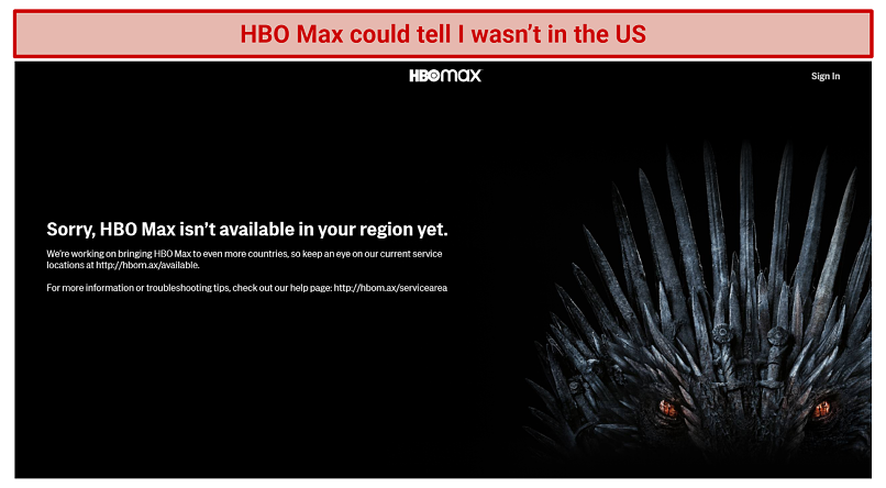 screenshot of HBO Max error