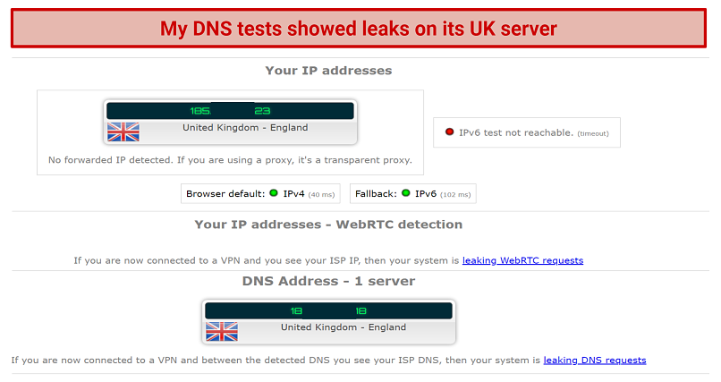 Graphic showing MozillaVPN failing a DNS leak test on its UK servers