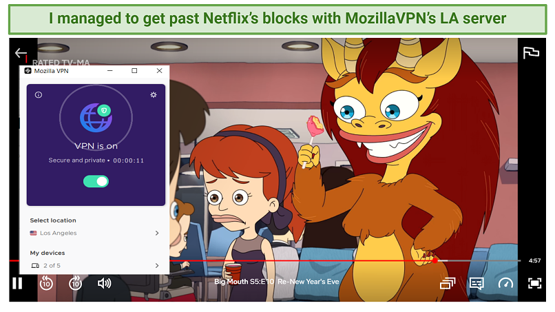 Graphic showing Netflix US working with MozillaVPN's US server