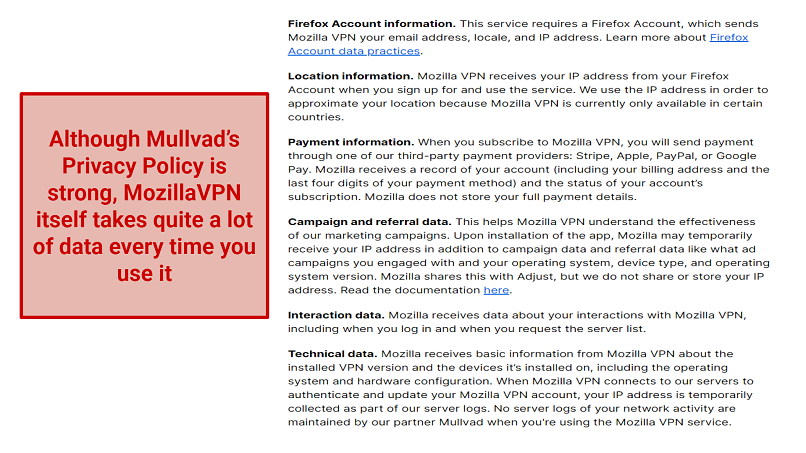 Screenshot showing MozillaVPN's data collection information