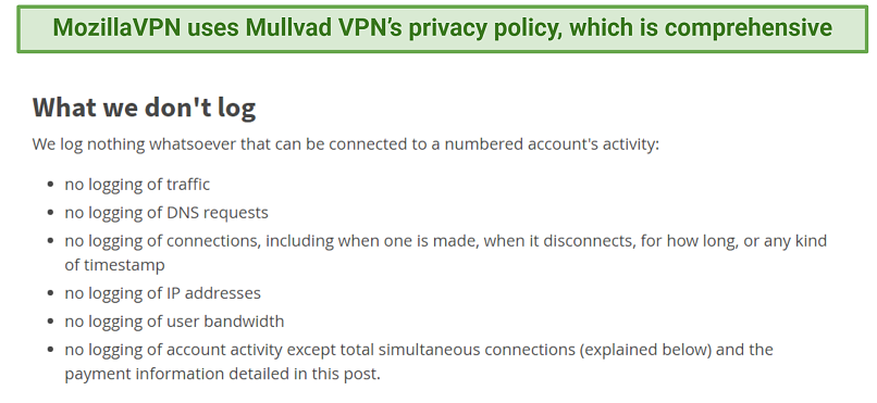 Screenshot of Mullvad and MozillaVPN's privacy policy