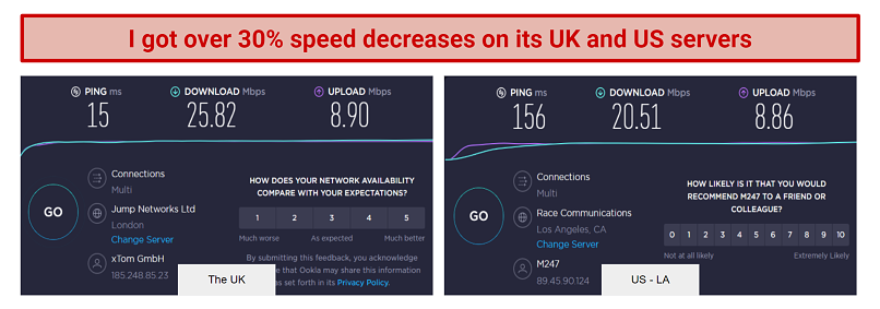screenshot of MozillaVPN's speed test results on its US and UK servers