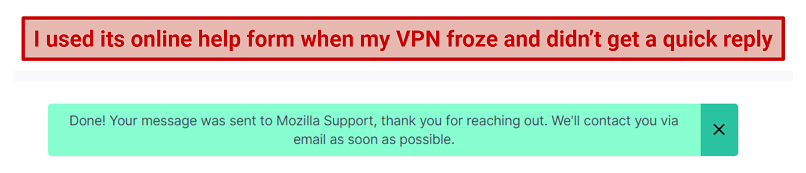 Graphic showing MozillaVPN's help screen automatic response